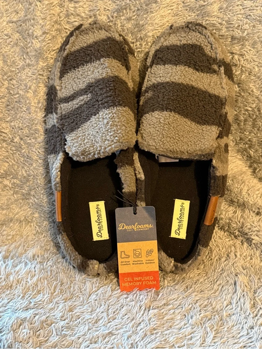 Dearfoams Men’s Gray Striped Sherpa Slip-On‎ Loafers 9-10 New